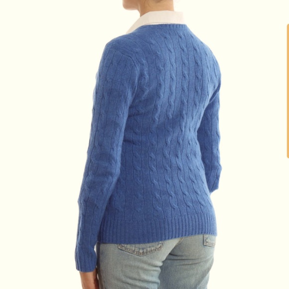 RALPH LAUREN Classic Preppy Blue Cable Knit V-Neck Sweater Pink Polo Pony XL NEW - Picture 7 of 12